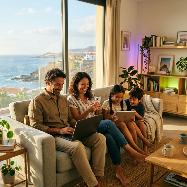 Canary Islands family enjoying high-speed internet from Canarias Telecom at home