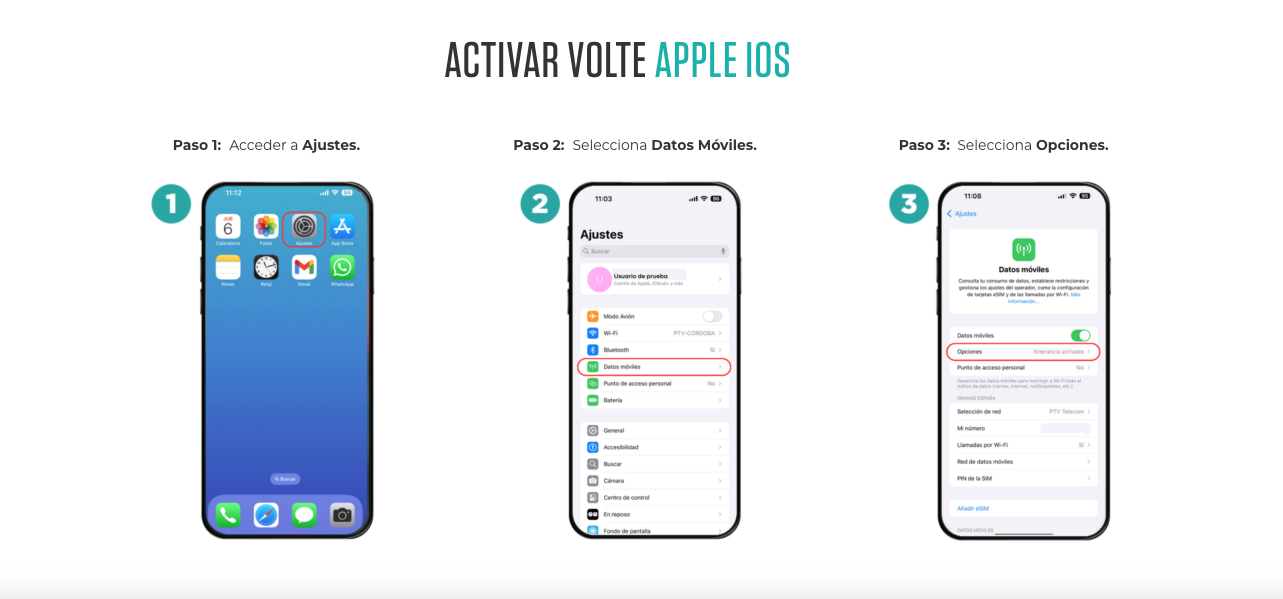 Activar VoLTE en iPhone, pasos 1 a 3