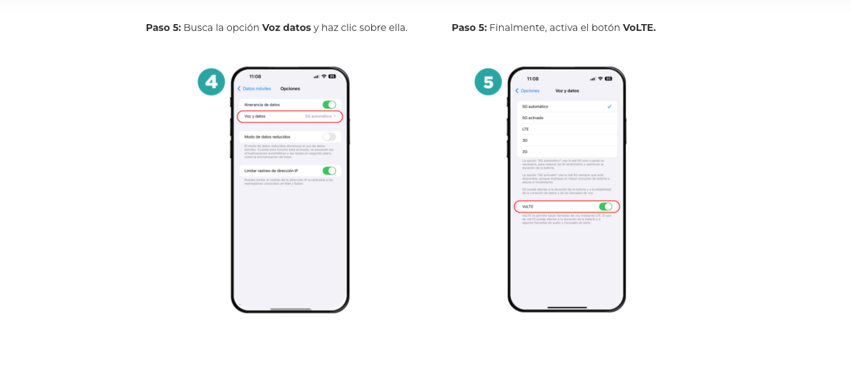 Activar VoLTE en iPhone, pasos 4 y 5